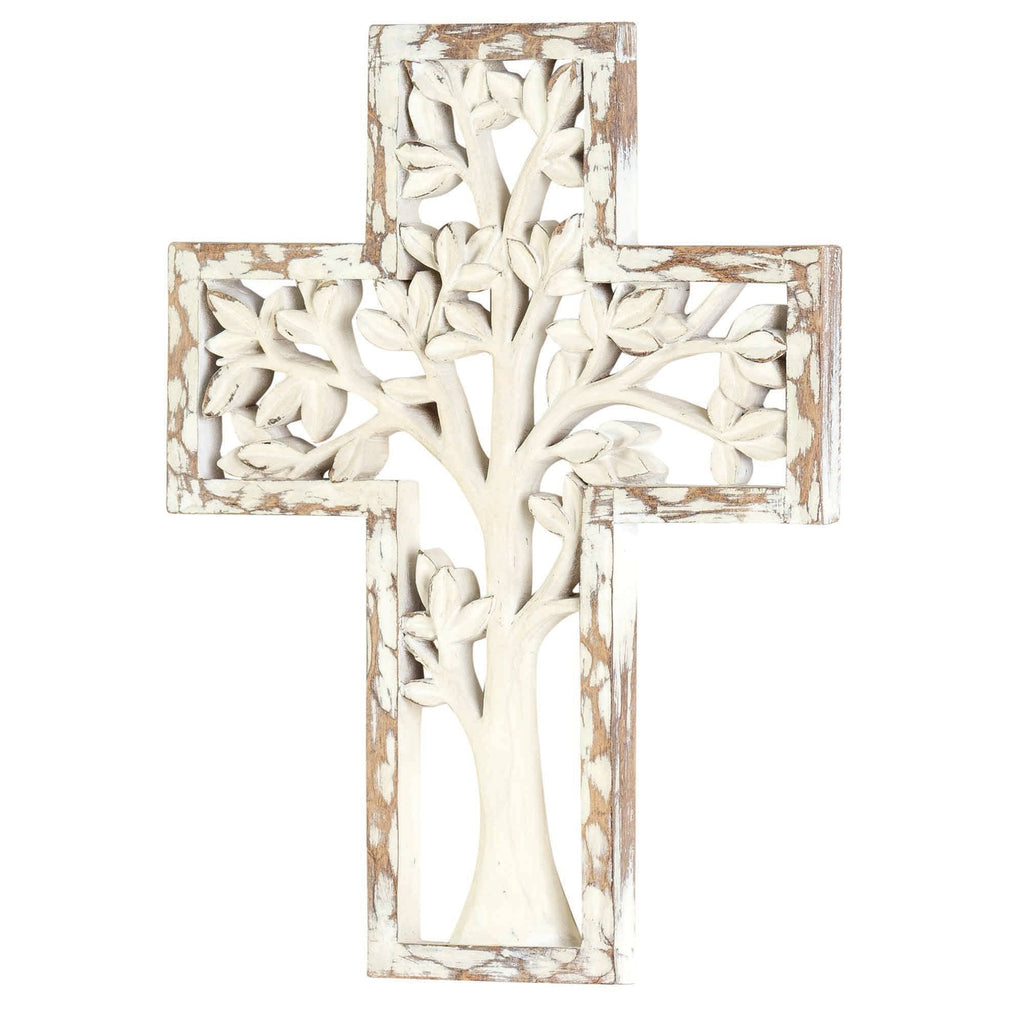 WHITE TREE RESIN WALL CROSS 10.25"