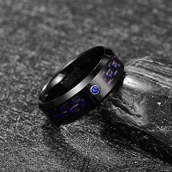 Tungsten Rings for Men Wedding Bands for Him Womens Wedding Bands for Her 8mm Blue Carbon Fiber Blue Diamond - Jewelry Store by Erik Rayo