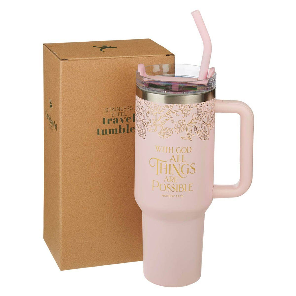 Tumbler w/straw SS Pink With God Matt. 19:26