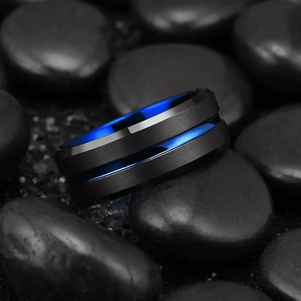 Blue Line Black Brushed Wedding Band Ring - Unisex Wedding Rings - Jewelry Store by Erik Rayo