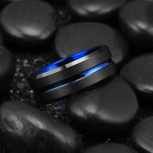 Load image into Gallery viewer, Blue Line Black Brushed Wedding Band Ring - Unisex Wedding Rings

