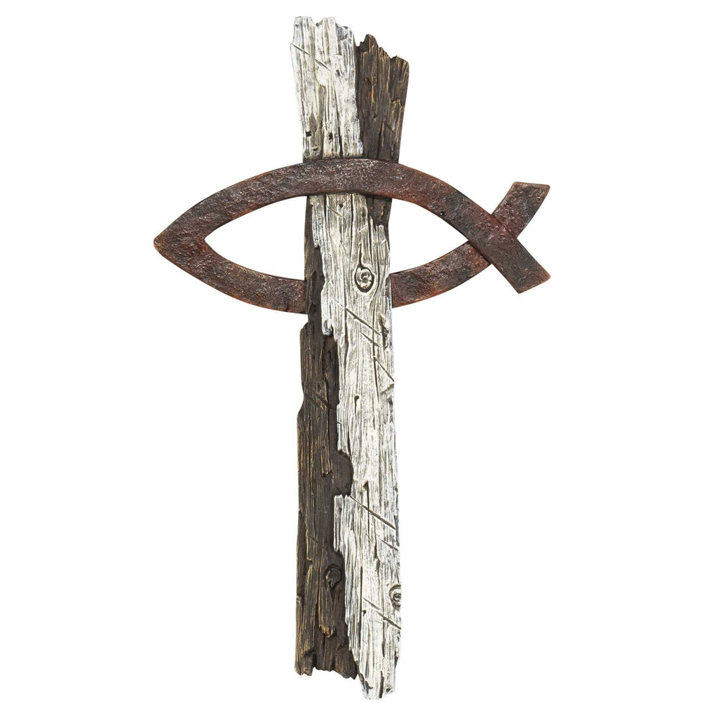Wall Cross Fish Wood Look Resin 14h