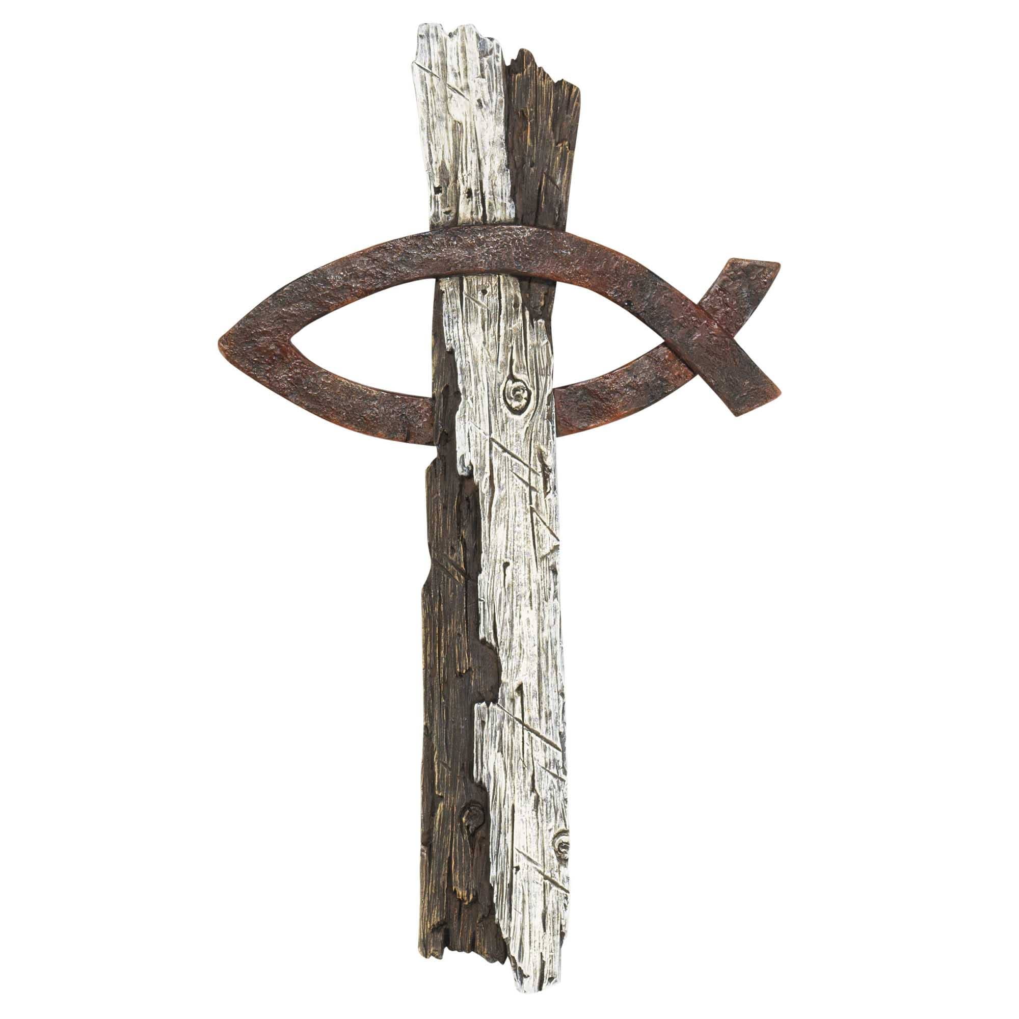 Wall Cross Fish Wood Look Resin 14h