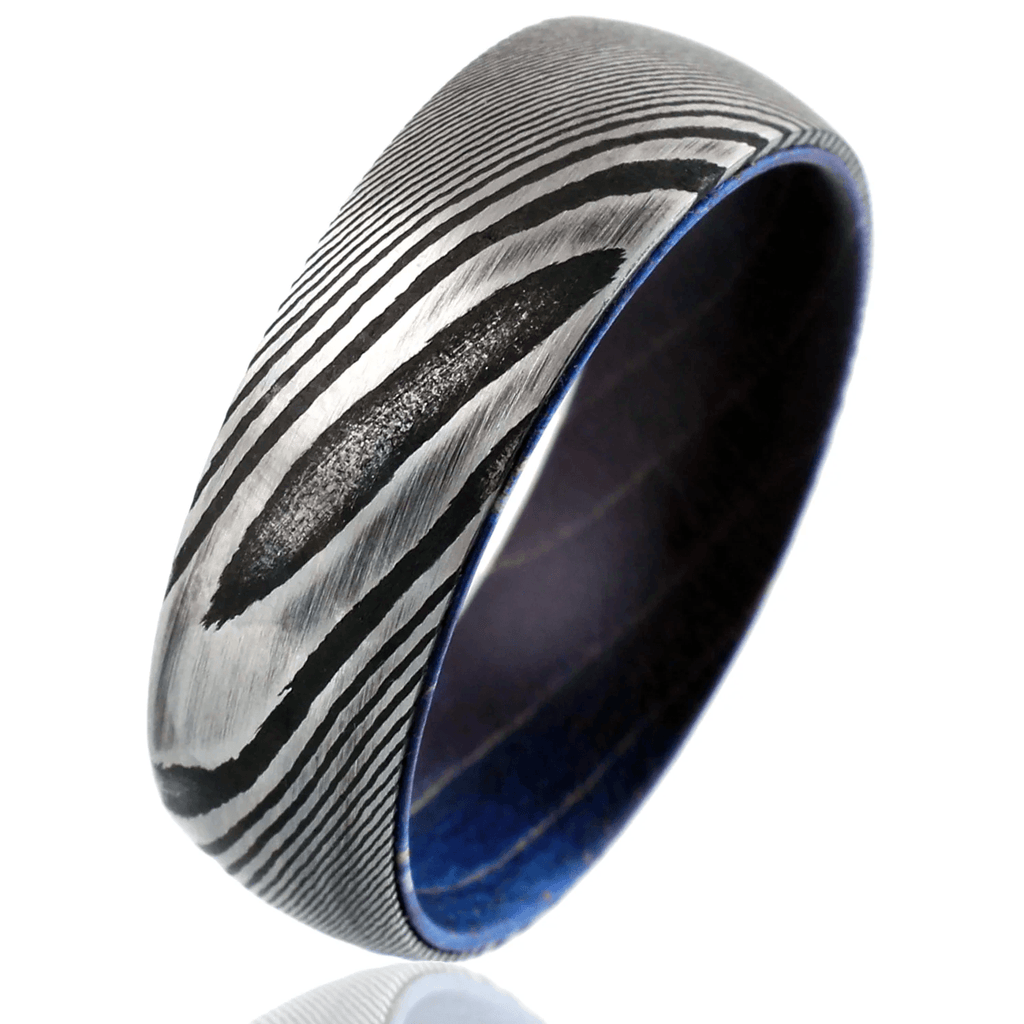 Damascus Steel Wedding Band Ring for Men Black Tungsten Carbide Dyed Purple Blue Box Elder Wood Burl - Jewelry Store by Erik Rayo