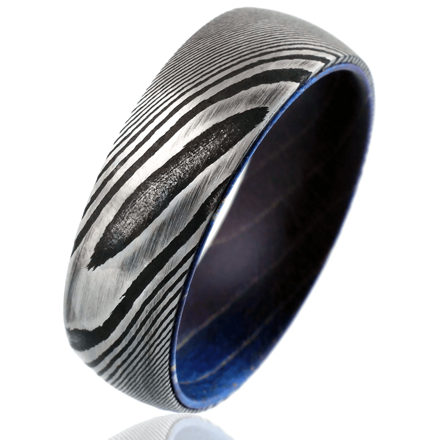 Damascus Steel Wedding Band Ring for Men Black Tungsten Carbide Dyed Purple Blue Box Elder Wood Burl - Jewelry Store by Erik Rayo