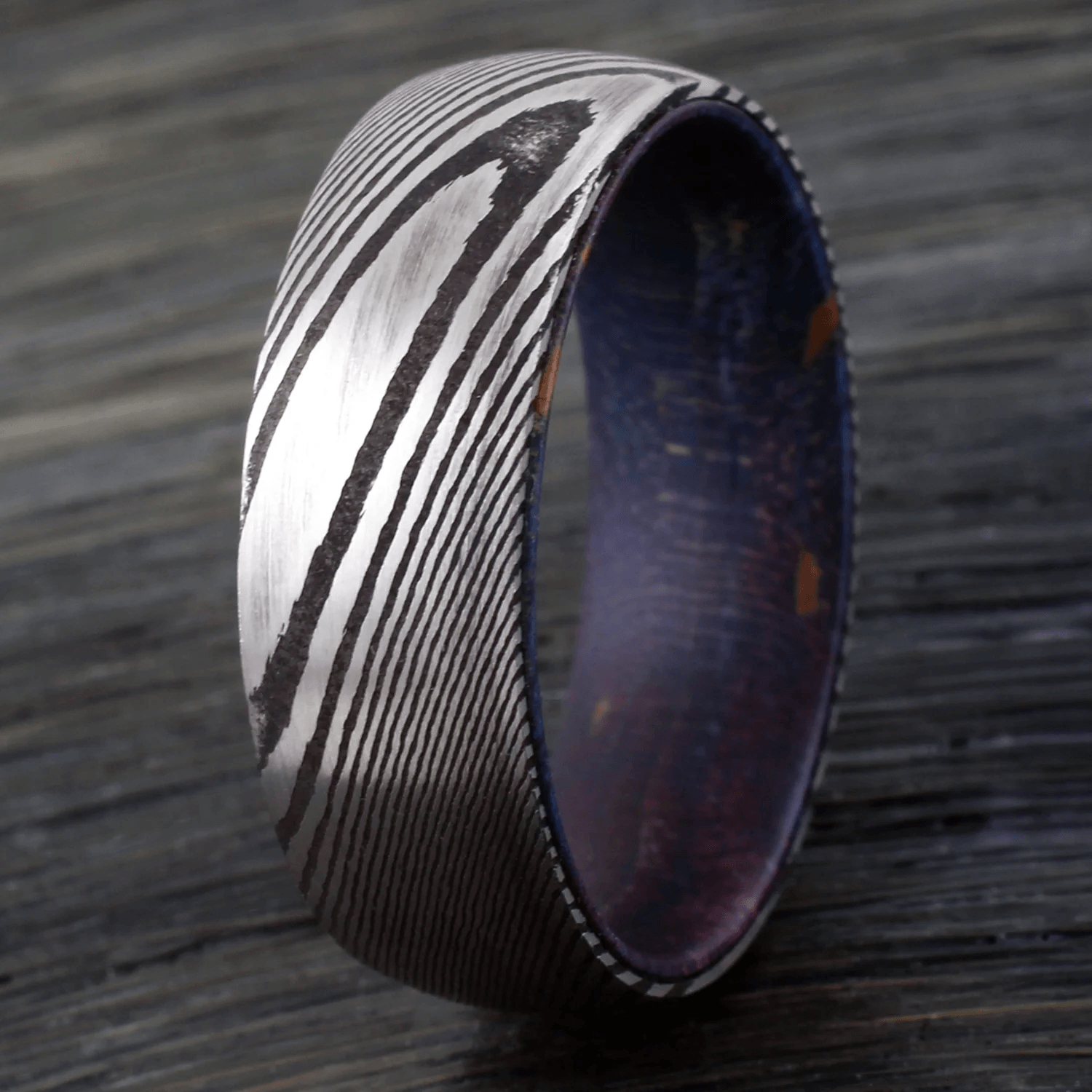 Damascus Steel Wedding Band Ring for Men Black Tungsten Carbide Dyed Purple Blue Box Elder Wood Burl - Jewelry Store by Erik Rayo