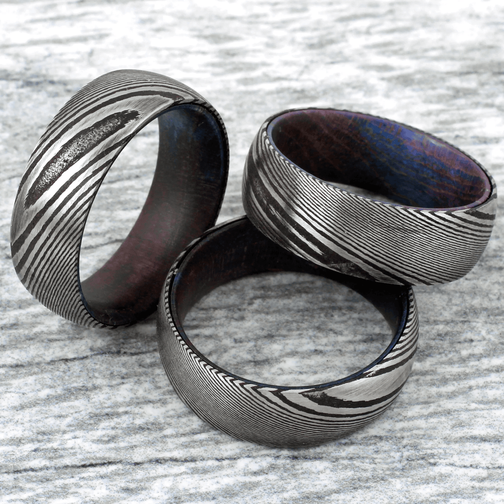 Damascus Steel Wedding Band Ring for Men Black Tungsten Carbide Dyed Purple Blue Box Elder Wood Burl - Jewelry Store by Erik Rayo