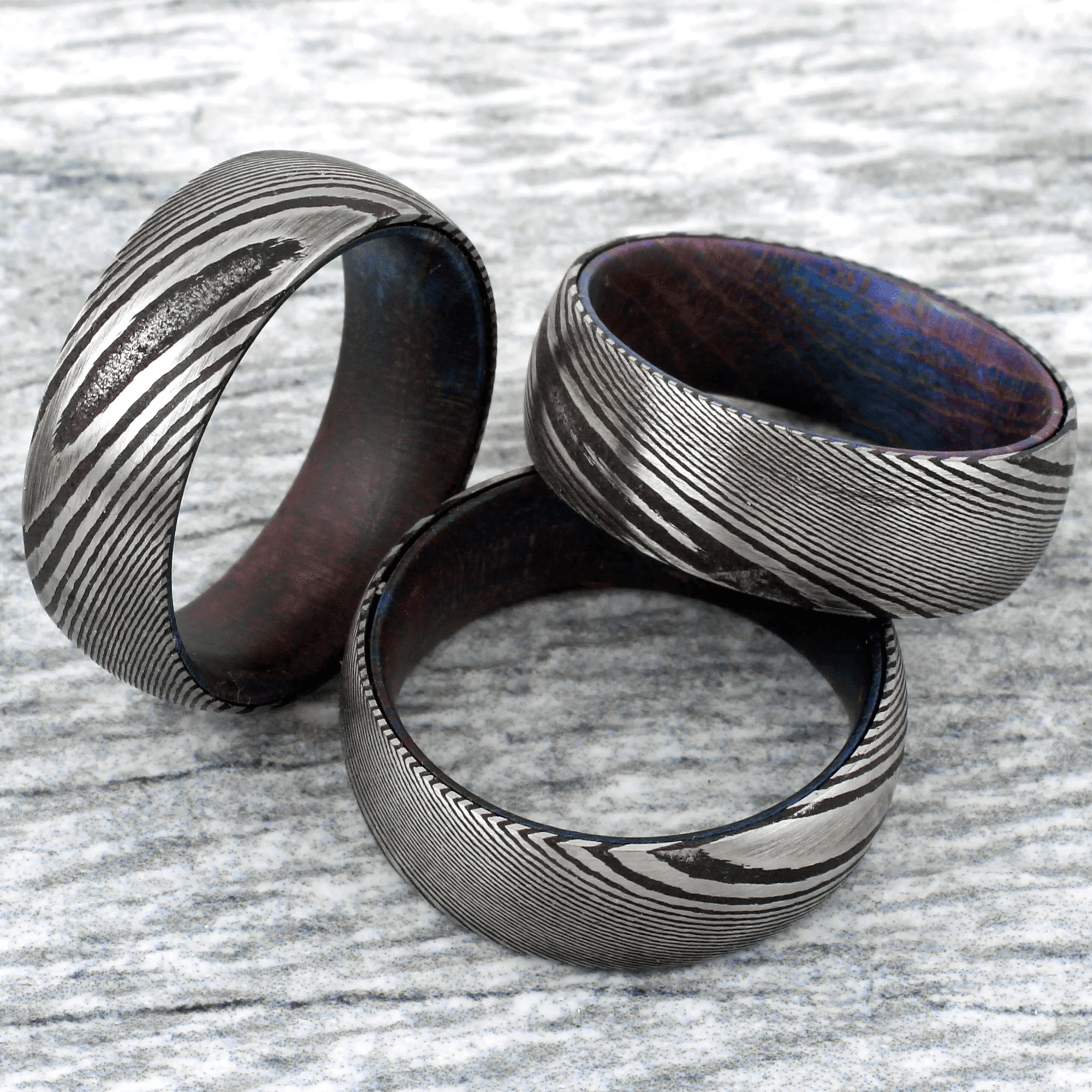 Damascus Steel Wedding Band Ring for Men Black Tungsten Carbide Dyed Purple Blue Box Elder Wood Burl - Jewelry Store by Erik Rayo