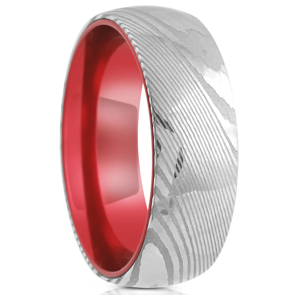 Damascus Steel Wedding Band Ring for Men Black Tungsten Carbide Ruby Red Anodized Aluminum Inner Band - Jewelry Store by Erik Rayo