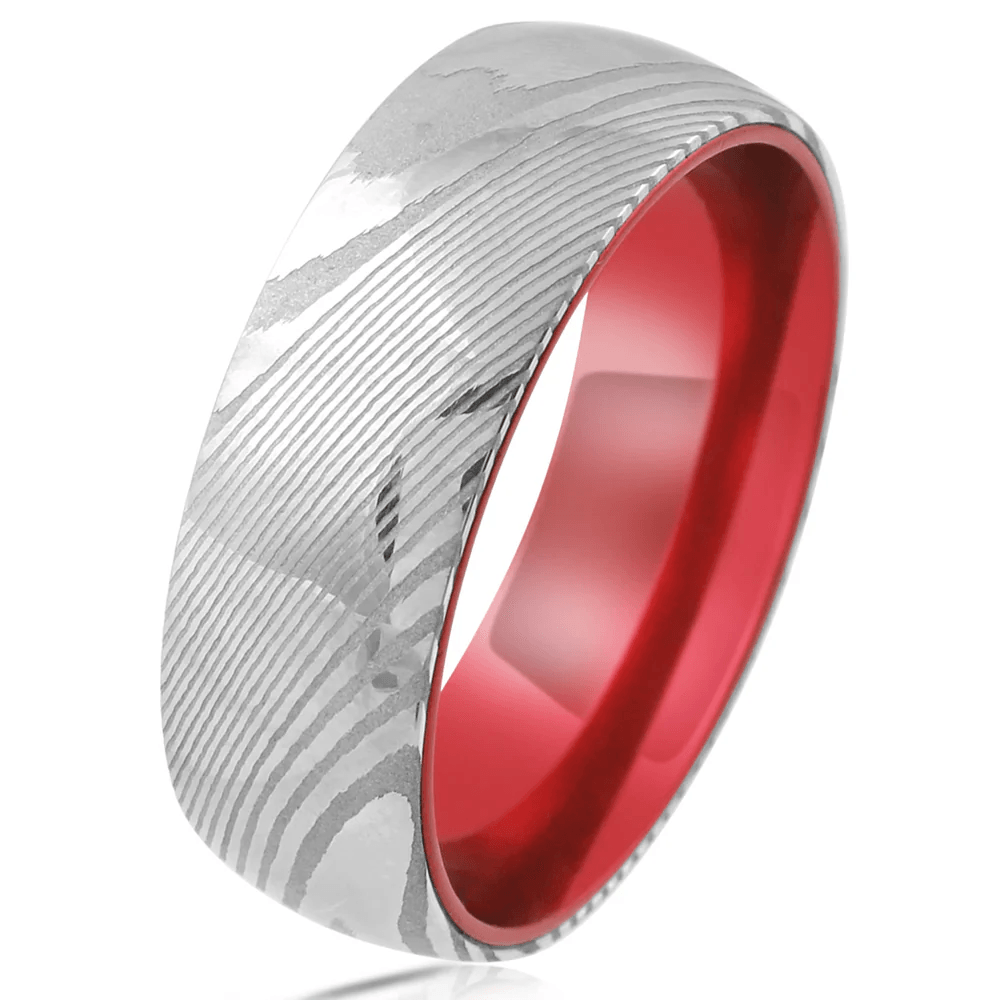 Damascus Steel Wedding Band Ring for Men Black Tungsten Carbide Ruby Red Anodized Aluminum Inner Band - Jewelry Store by Erik Rayo
