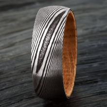 Load image into Gallery viewer, Tungsten Rings for Men Wedding Bands for Him Womens Wedding Bands for Her 8mm Black Damascus Steel with Whiskey Barrel Wood Sleeve Rings
