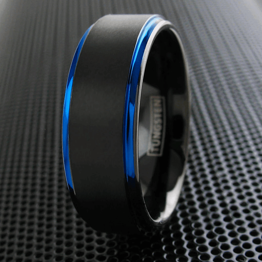 Blue and Black Wedding Band Ring - 6mm Wedding Rings Brushed Finish - Blue Edges - Jewelry Store by Erik Rayo