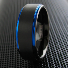 Load image into Gallery viewer, Blue and Black Wedding Band Ring - 8mm Wedding Rings Brushed Finish - Blue Edges
