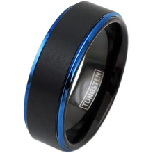 Load image into Gallery viewer, Blue and Black Wedding Band Ring - 8mm Wedding Rings Brushed Finish - Blue Edges
