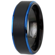 Load image into Gallery viewer, Blue and Black Wedding Band Ring - 8mm Wedding Rings Brushed Finish - Blue Edges
