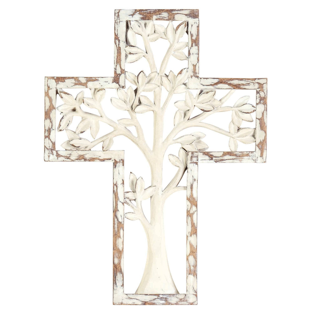 WHITE TREE RESIN WALL CROSS 10.25"