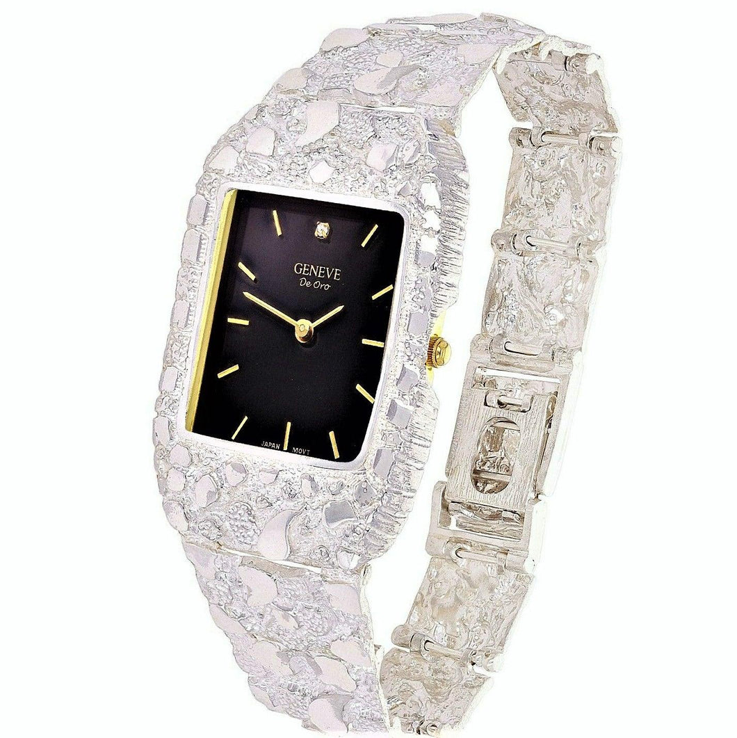 925 Sterling Silver Nugget Link Geneve with Diamond Watch 8.5-9 53g - Jewelry Store by Erik Rayo