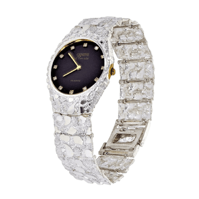 925 Sterling Silver Nugget Wrist Watch Geneve Real Diamonds Watch 7.5 Straight Band 62g - Jewelry Store by Erik Rayo