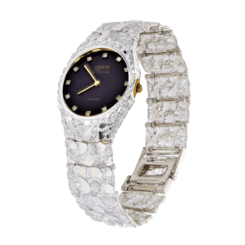 925 Sterling Silver Nugget Wrist Watch Geneve Real Diamonds Watch 8.5- Straight Band 70.4g - Jewelry Store by Erik Rayo