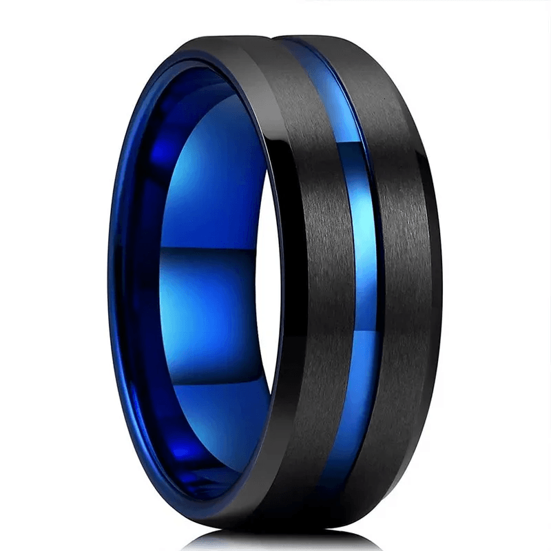 Blue Line Black Brushed Wedding Band Ring - Unisex Wedding Rings - Jewelry Store by Erik Rayo