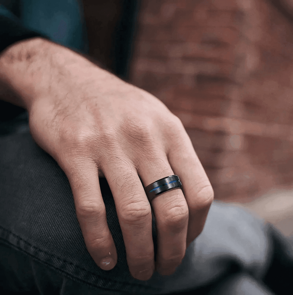 6mm Blue and Black Wedding Band Ring - Unisex Wedding Rings Brushed Finis - Jewelry Store by Erik Rayo