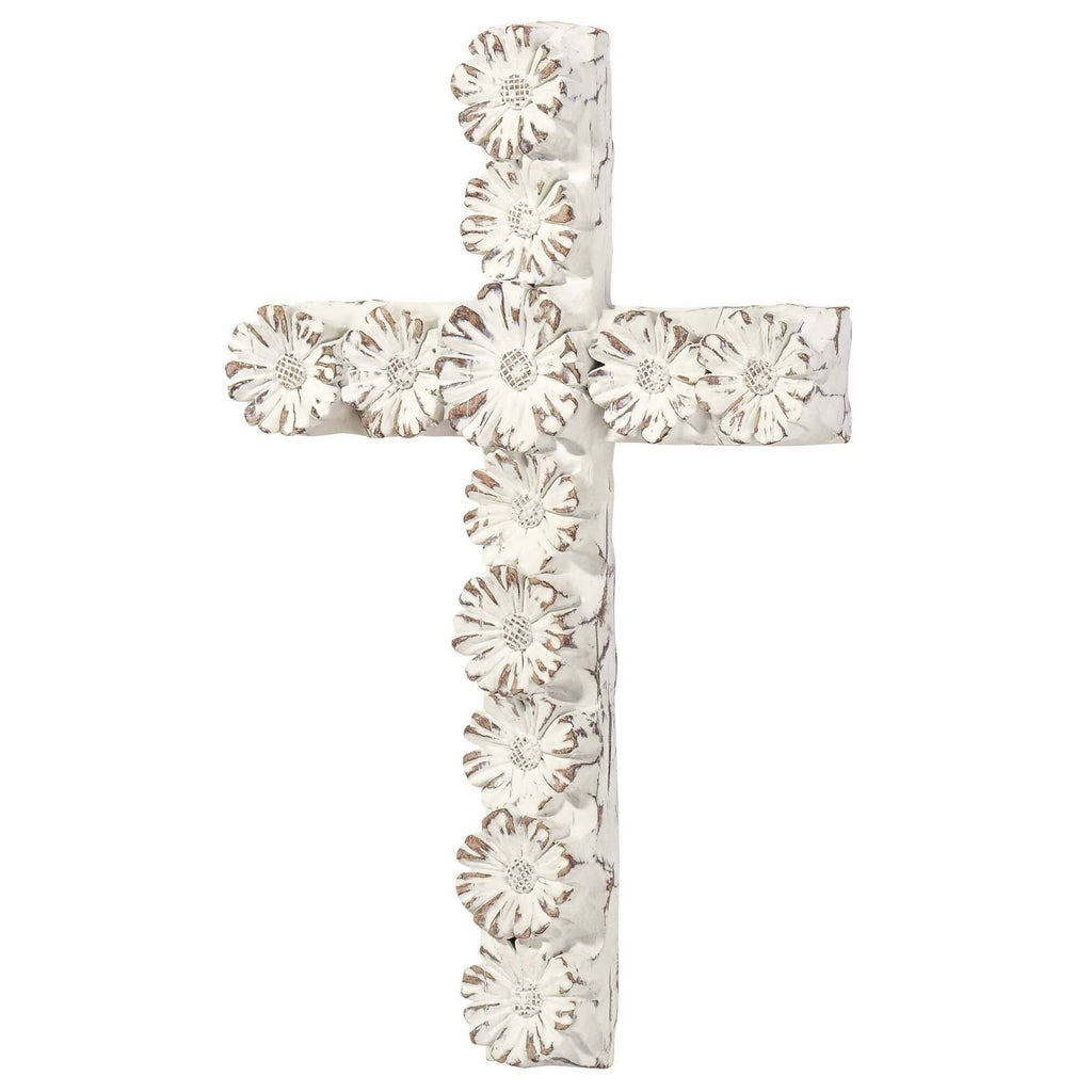WHITE FLORAL RESIN WALL CROSS 10"