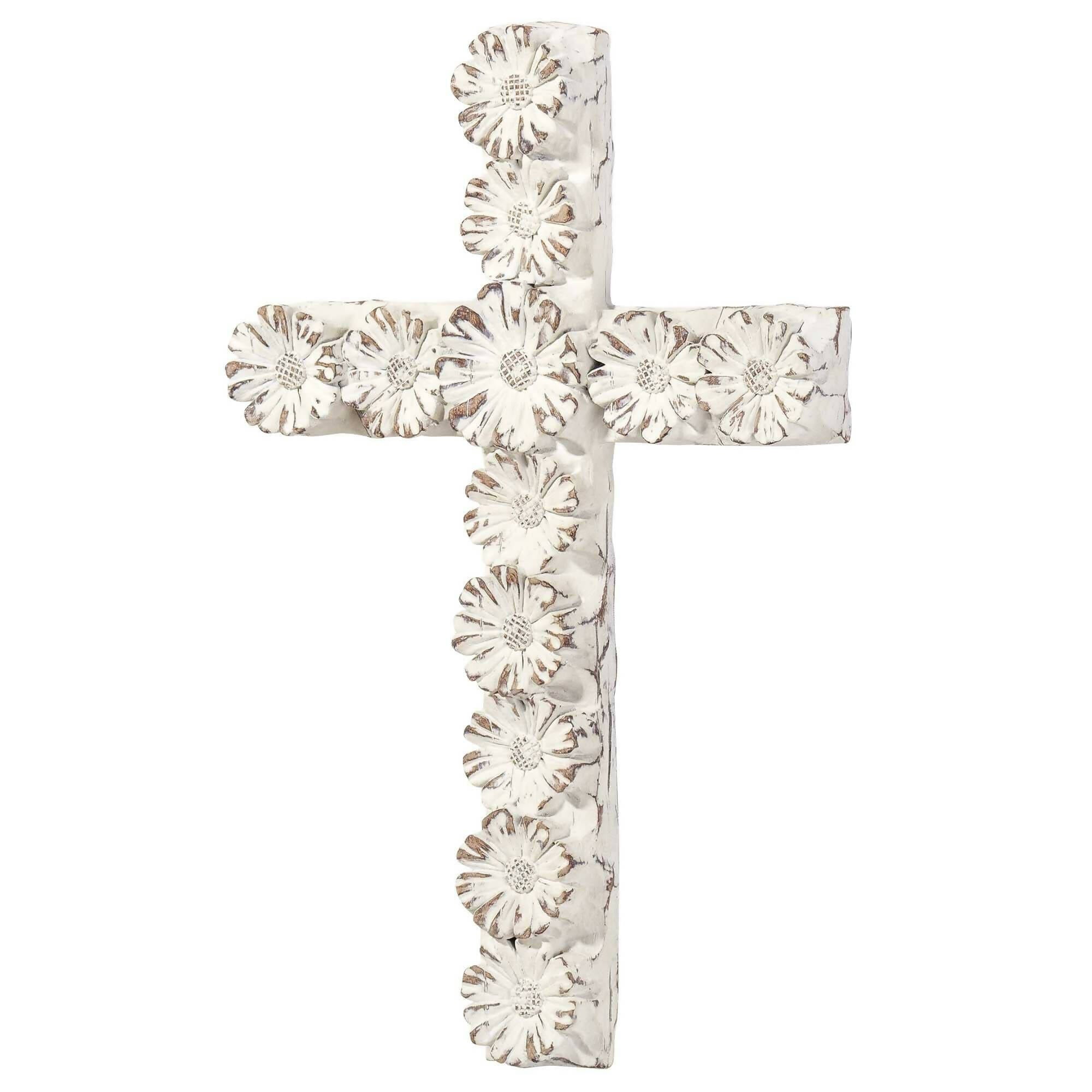 WHITE FLORAL RESIN WALL CROSS 10"