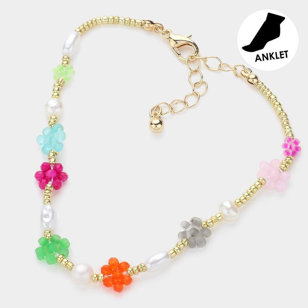 Gold Faceted Beaded Flower Anklet