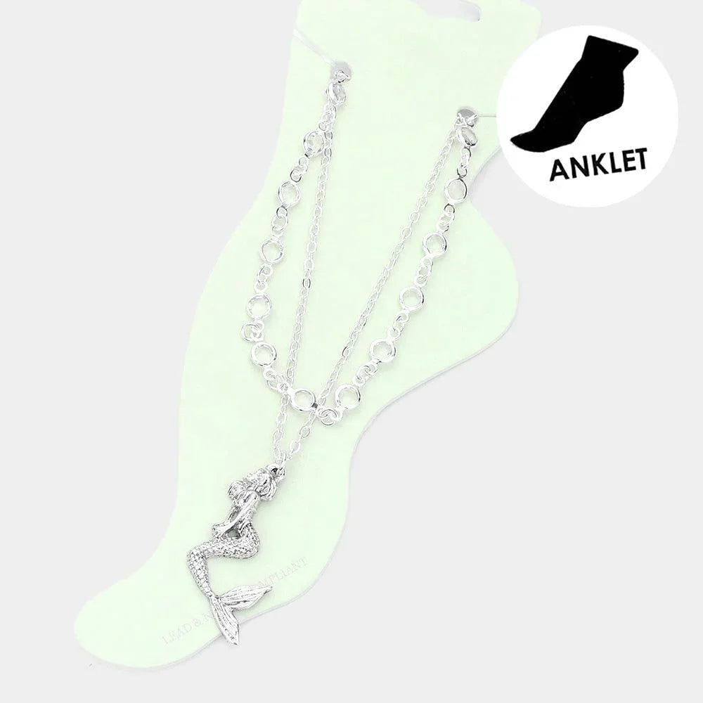 Clear Metal Mermaid Charm Round Bead Link Double Layered Anklet