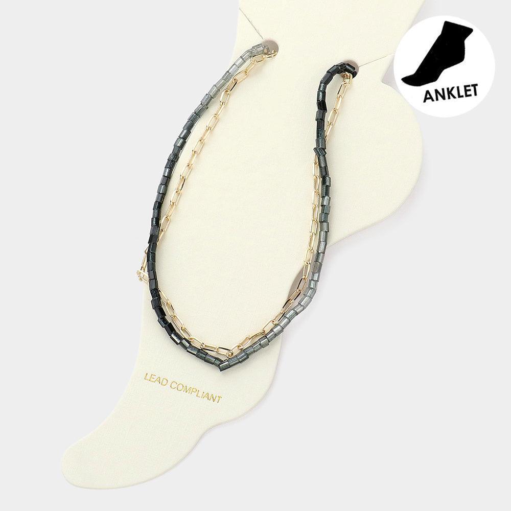 Black Paper Clip Chain Square Tube Beaded Layered Anklet - Jewelry Store by Erik Rayo