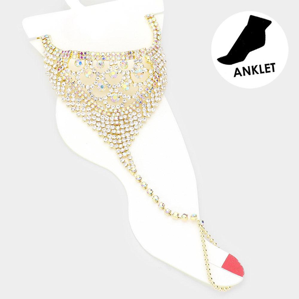 Gold Round Stone Accented Rhinestone Net Toe Ring Evening Anklet