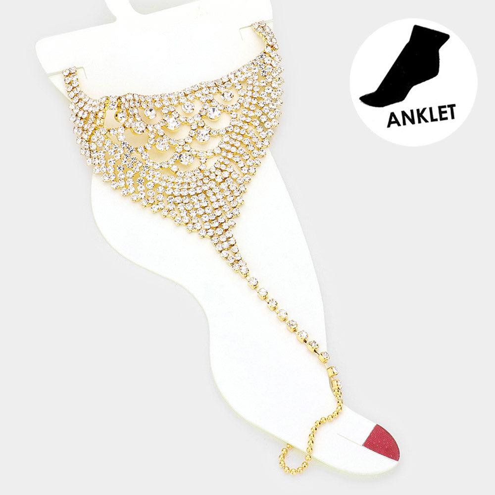 Gold Round Stone Accented Rhinestone Net Toe Ring Evening Anklet