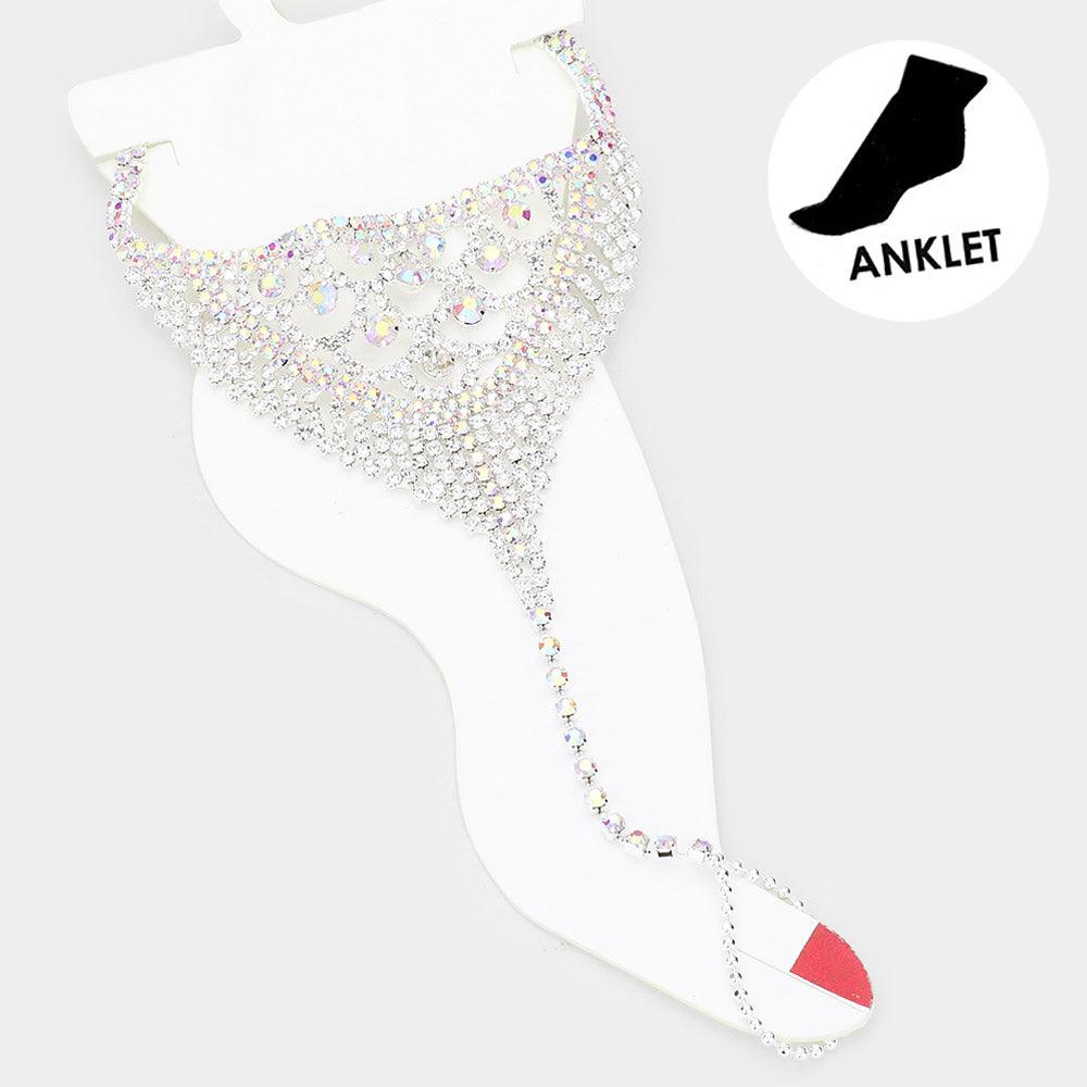 Silver Round Stone Accented Rhinestone Net Toe Ring Evening Anklet