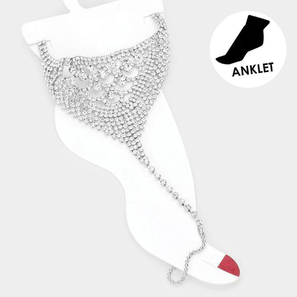 Silver Round Stone Accented Rhinestone Net Toe Ring Evening Anklet - Jewelry Store by Erik Rayo