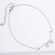 Load image into Gallery viewer, White Gold Dipped CZ Embellished Metal Star Crescent Moon Charm Anklet
