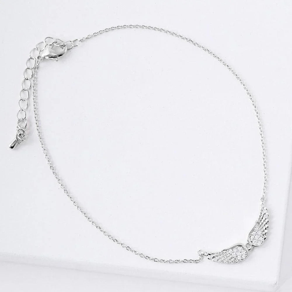 White Gold Dipped CZ Embellished Metal Wing Charm Anklet - Jewelry Store by Erik Rayo