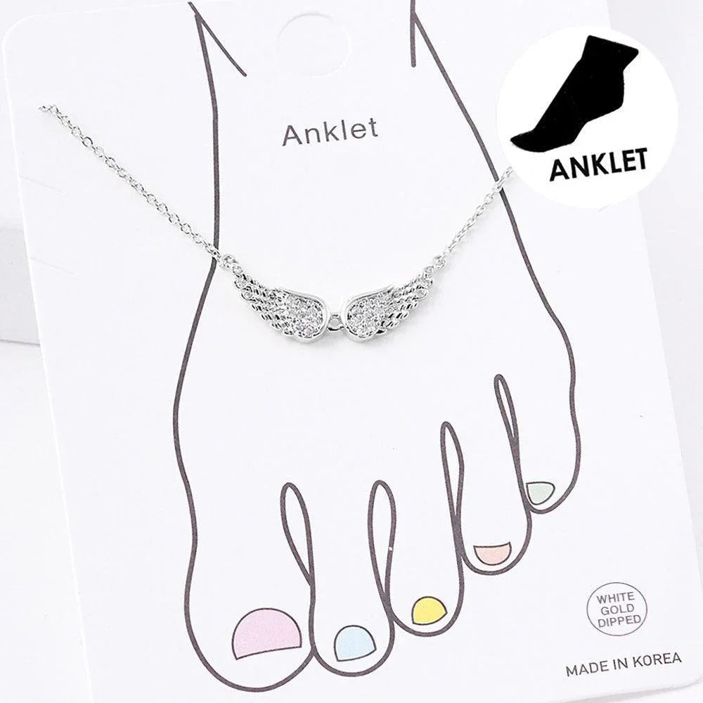 White Gold Dipped CZ Embellished Metal Wing Charm Anklet