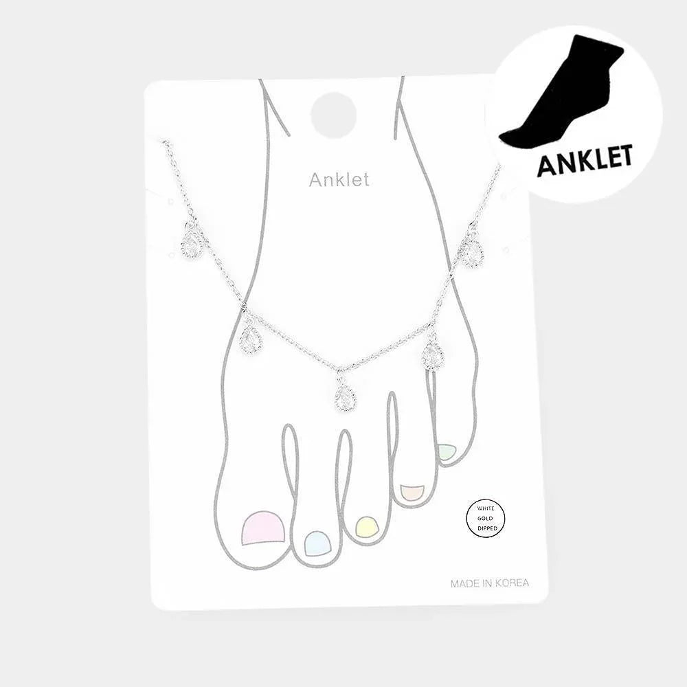 Gold White Gold Dipped Teardrop Stone Station Anklet