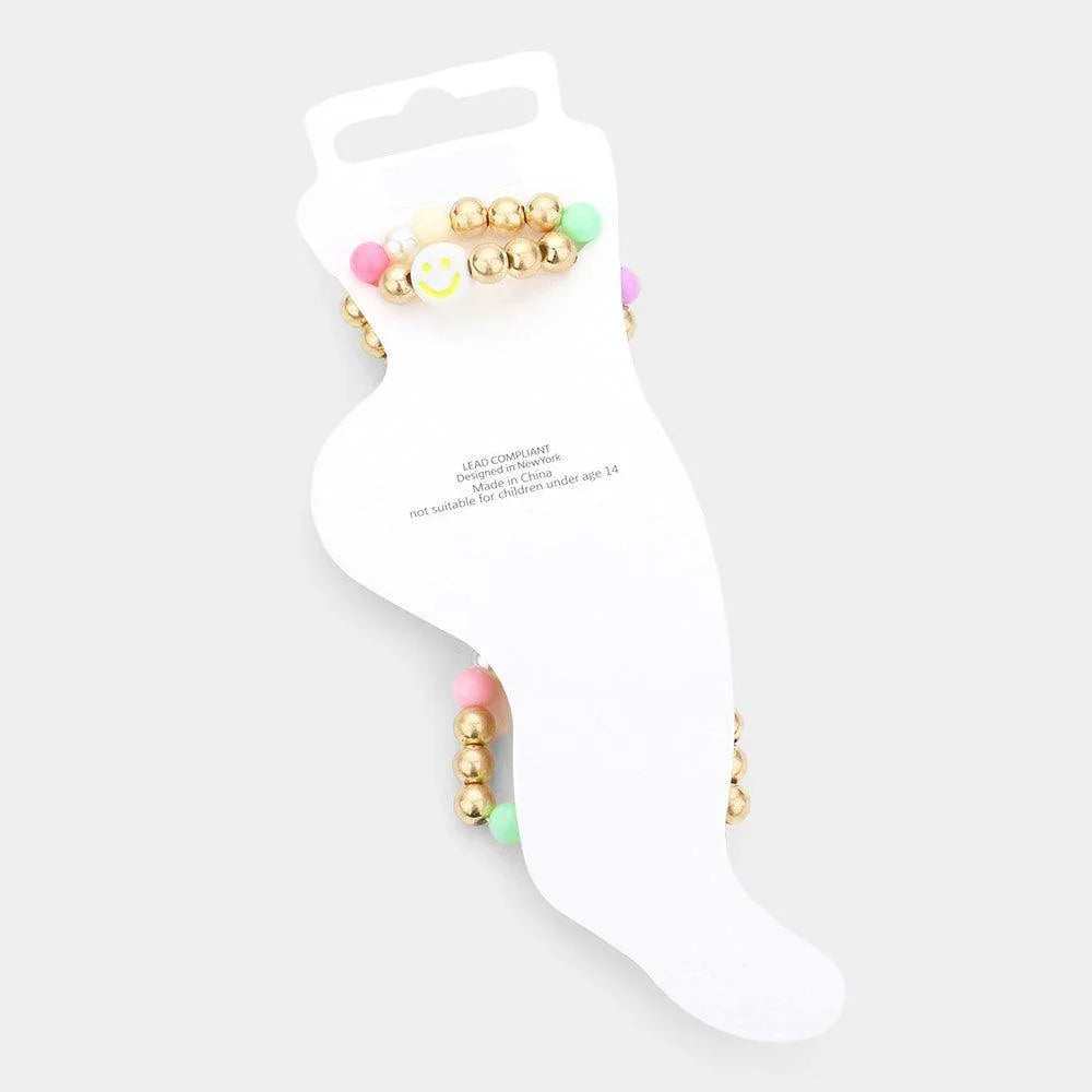 2PCS - Smile Accented Metal Ball Stretch Anklets - Jewelry Store by Erik Rayo