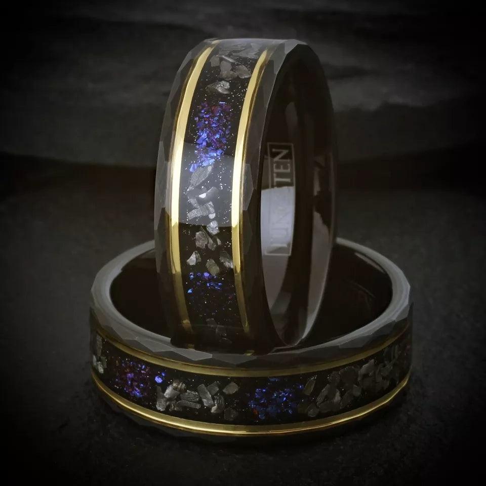 Wedding Band Ring Black Tungsten Carbide Meteorite Blue Galaxy Ring for Men and Women - Jewelry Store by Erik Rayo