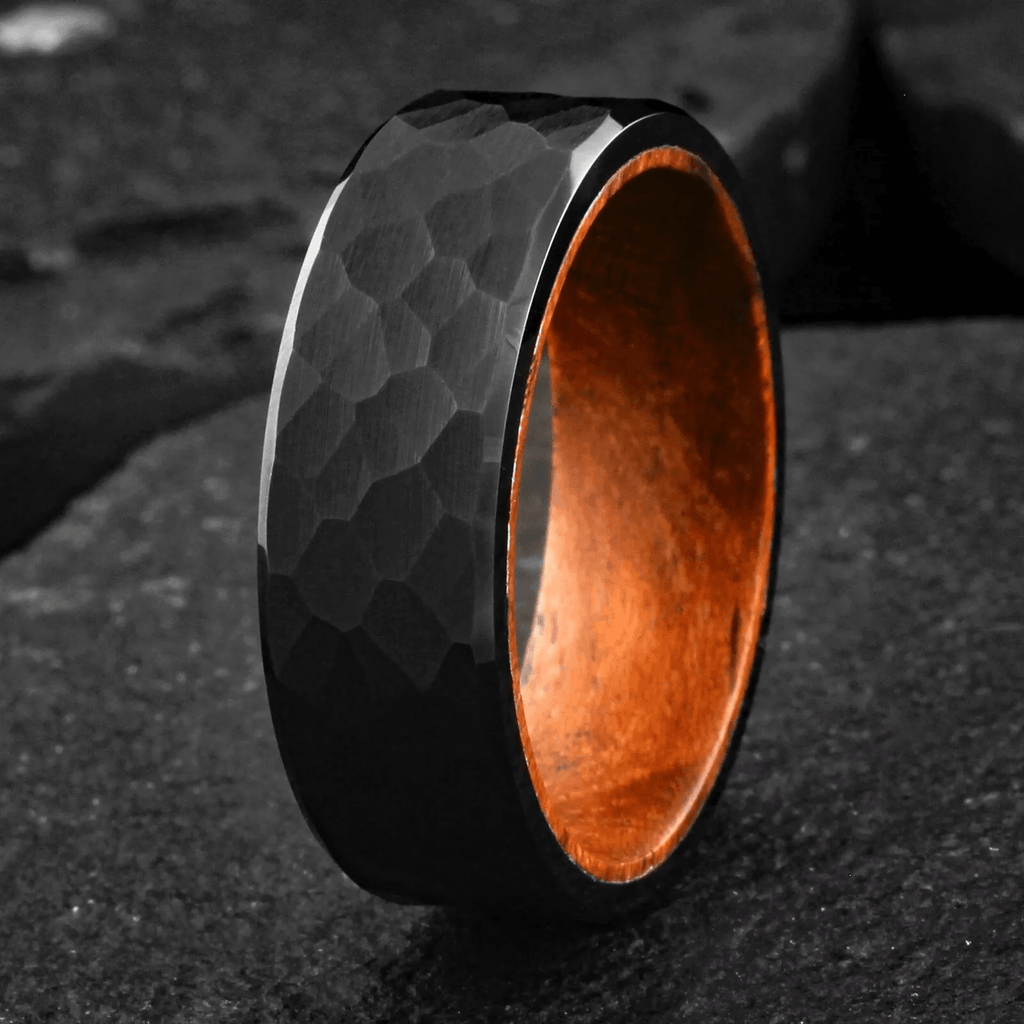 Wedding Band Ring Black Brushed Hammered Tungsten Carbide Ring with Rosewood - Jewelry Store by Erik Rayo