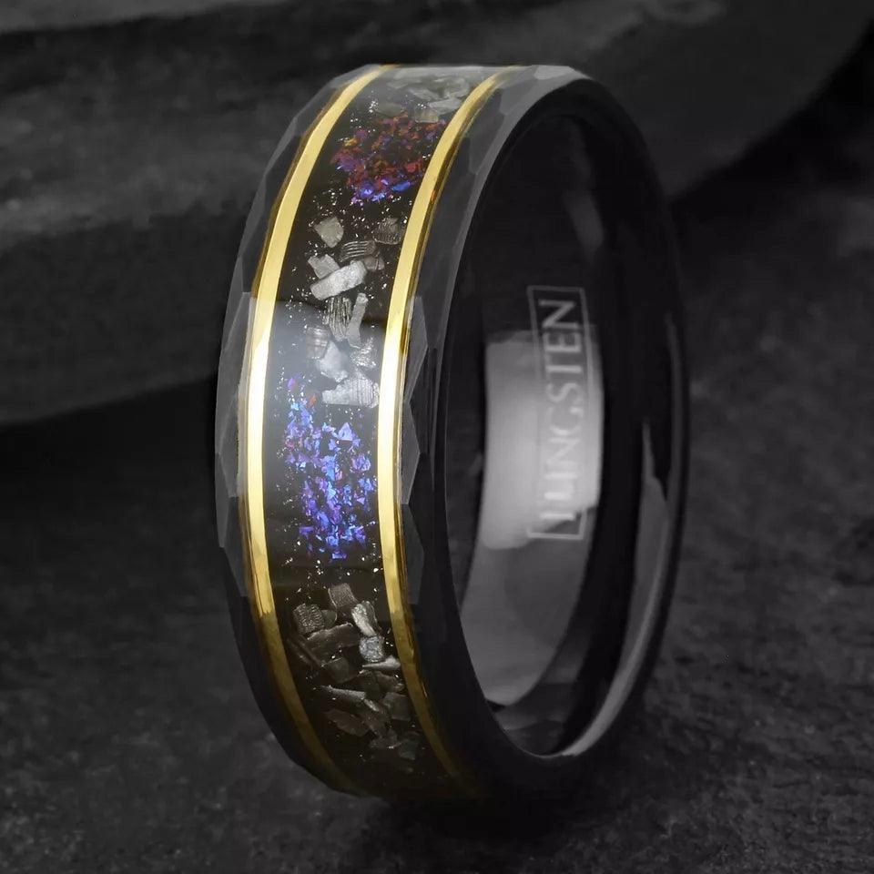 Wedding Band Ring Black Tungsten Carbide Meteorite Blue Galaxy Ring for Men and Women