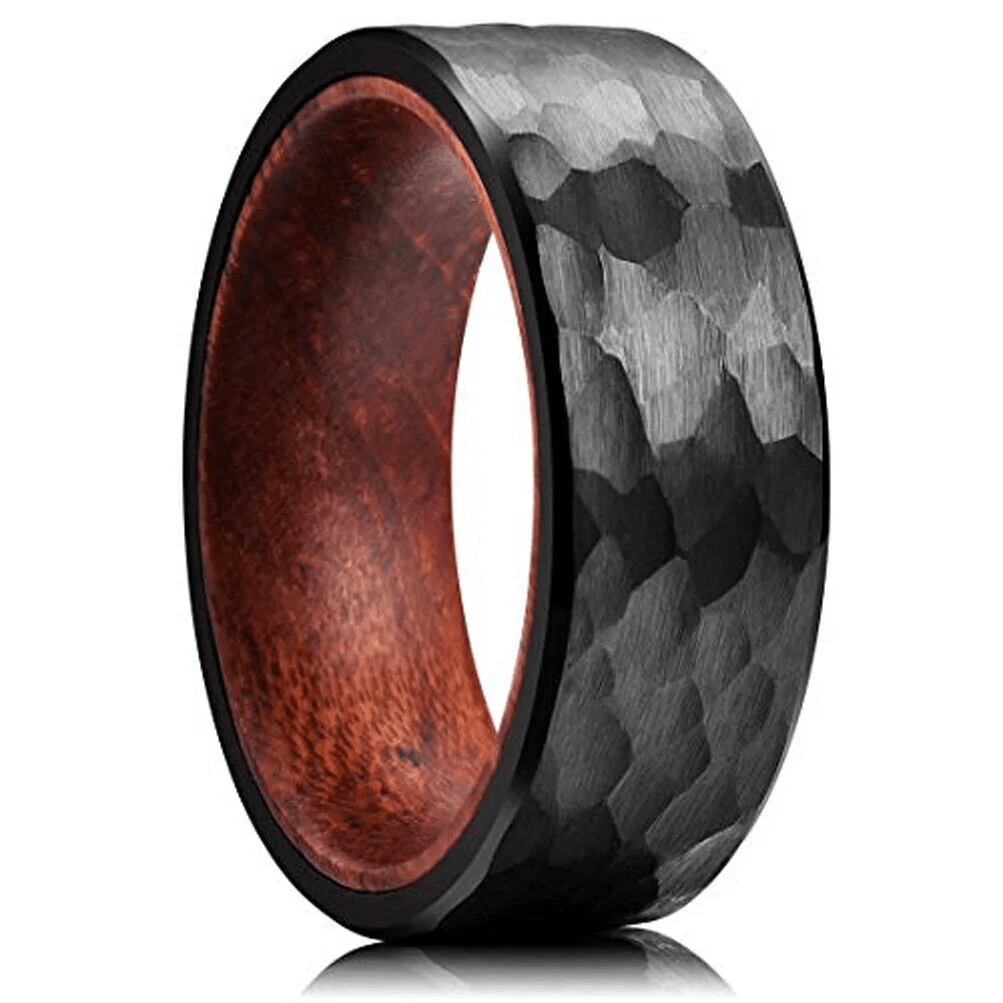 Wedding Band Ring Black Brushed Hammered Tungsten Carbide Ring with Rosewood - Jewelry Store by Erik Rayo