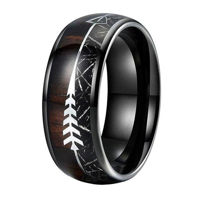 Black Meteorite Wedding Band Ring for Men Tungsten Koa Wood and Arrow