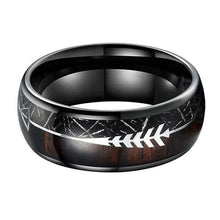 Load image into Gallery viewer, Black Meteorite Wedding Band Ring for Men Tungsten Koa Wood and Arrow
