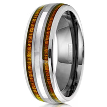 Load image into Gallery viewer, Wedding Band Ring for Men and Women Silver Tungsten Carbide Mother of Pearl &amp; Koa Wood Stripe
