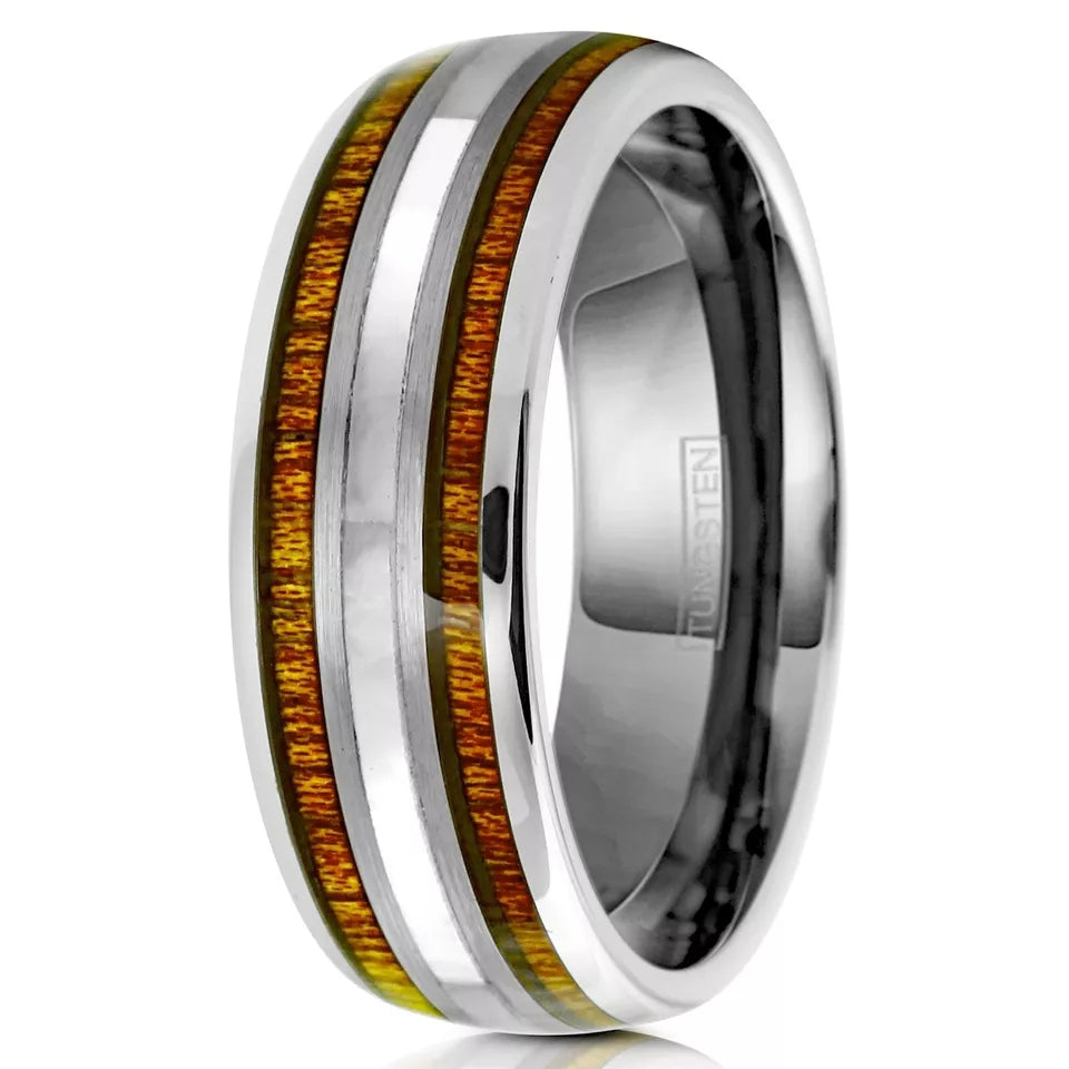 Wedding Band Ring for Men and Women Silver Tungsten Carbide Mother of Pearl & Koa Wood Stripe
