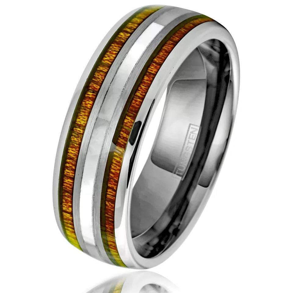 Wedding Band Ring for Men and Women Silver Tungsten Carbide Mother of Pearl & Koa Wood Stripe - Jewelry Store by Erik Rayo