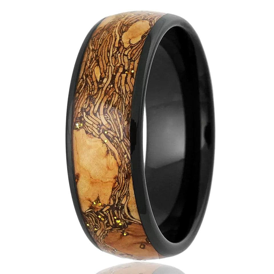 Tan Wood Wedding Band Ring for Men Black Tungsten Carbide with Black Grain - Jewelry Store by Erik Rayo