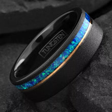 Load image into Gallery viewer, Blue Teal Opal Meteorite Wedding Band Ring for Men with Guitar String Black Rose Gold Tungsten Carbide
